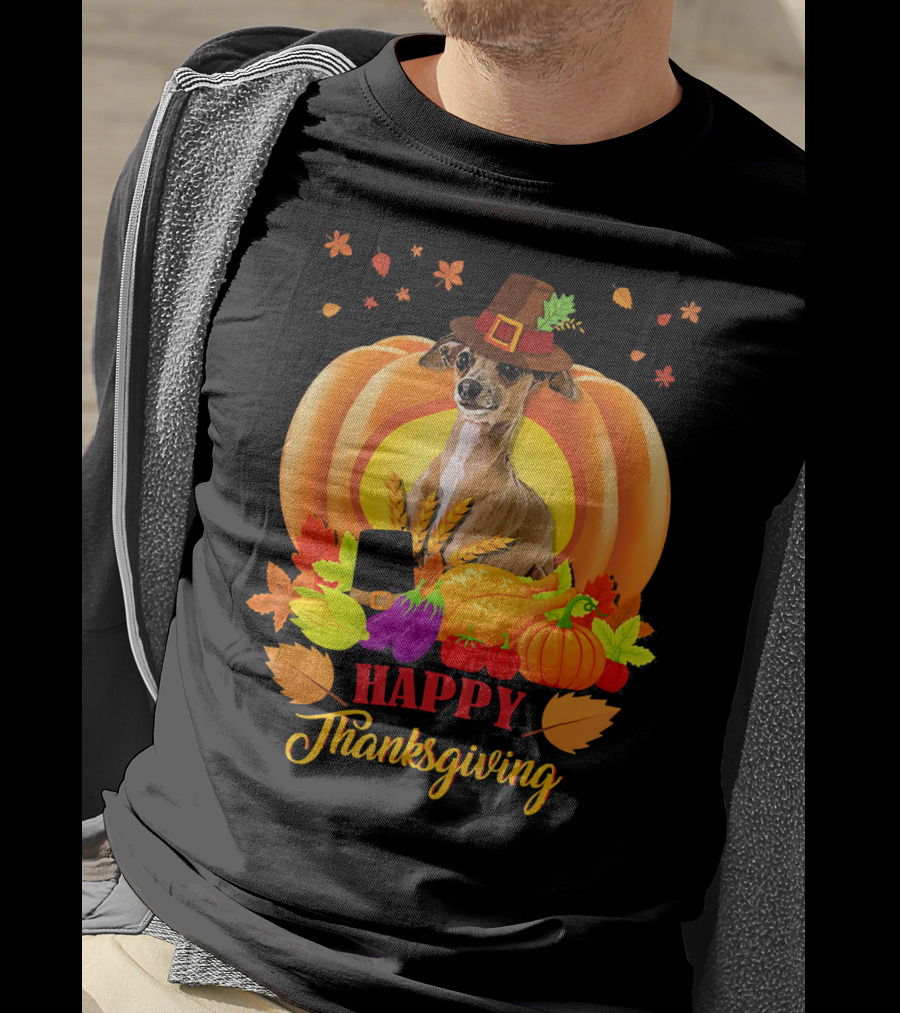 Italian Greyhound Happy Thanksgiving Pilgrim Hat Pumpkin Leaves T-Shirt