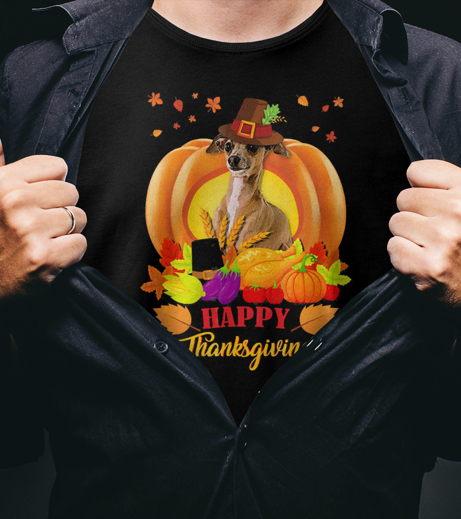 Italian Greyhound Happy Thanksgiving Pilgrim Hat Pumpkin Leaves T-Shirt