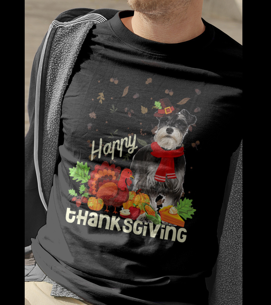 Happy Thanksgiving Pilgrim Miniature Schnauzer Turkey Pumpkin Pie Autumn Leaves T-Shirt