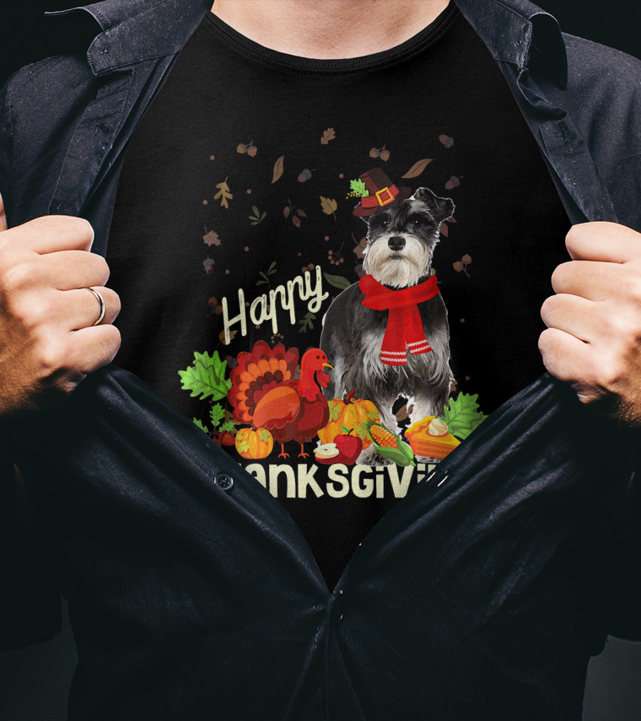 Happy Thanksgiving Pilgrim Miniature Schnauzer Turkey Pumpkin Pie Autumn Leaves T-Shirt