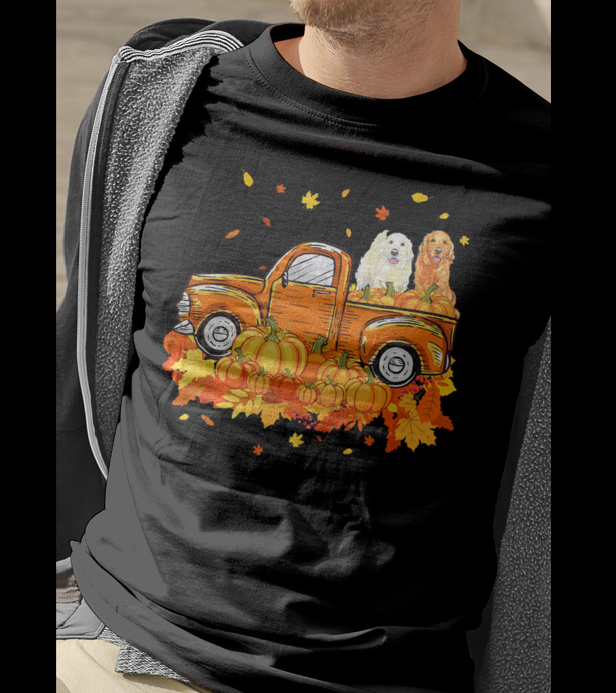 Golden Retriever Puppies In Vintage Pumpkin Truck With Autumn Leaves T-Shirt