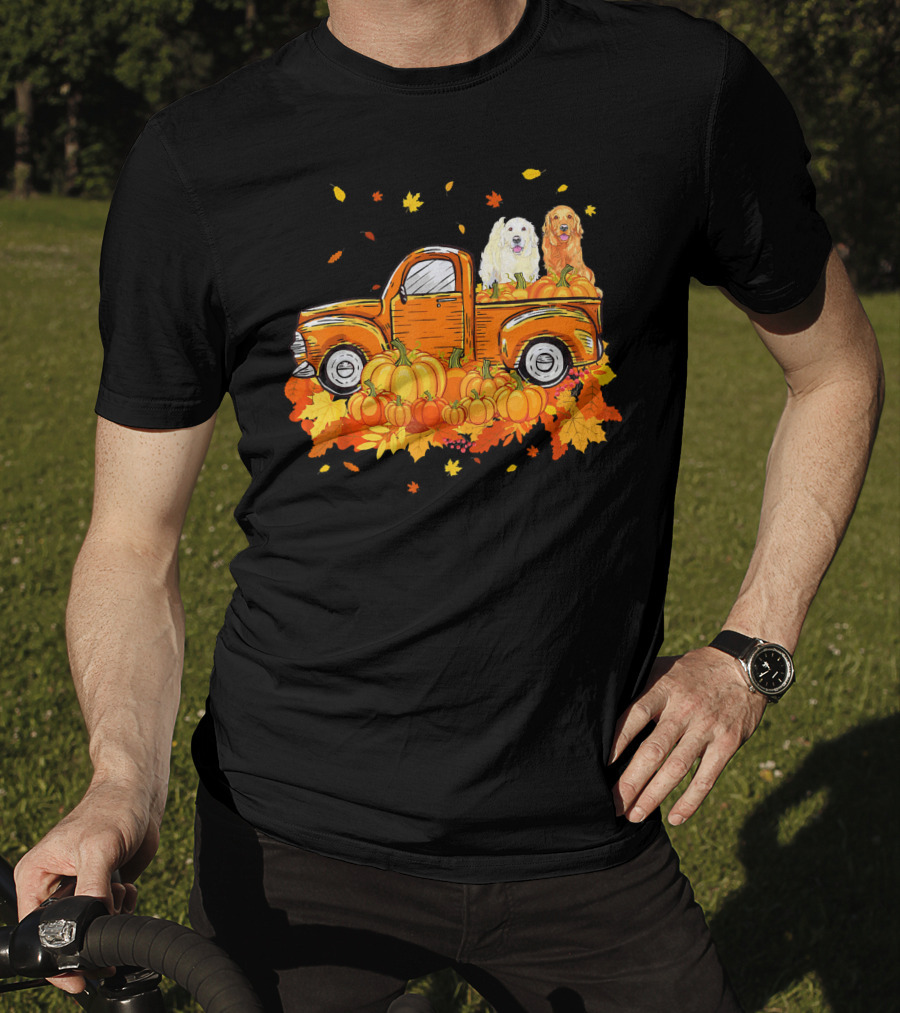 Golden Retriever Puppies In Vintage Pumpkin Truck With Autumn Leaves T-Shirt