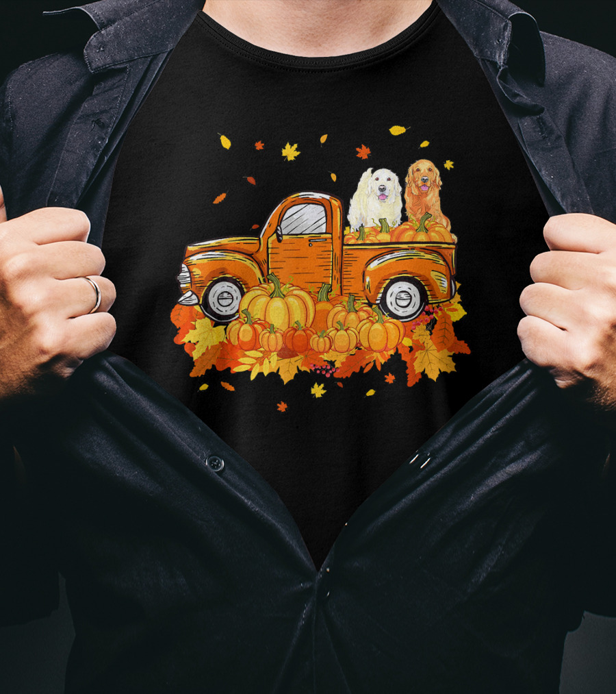 Golden Retriever Puppies In Vintage Pumpkin Truck With Autumn Leaves T-Shirt