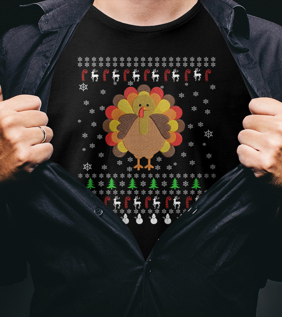 Thanksgiving Turkey With Snowflakes Reindeer Trees And Candy Canes T-Shirt