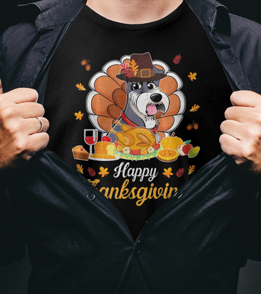 Happy Thanksgiving Schnauzer Pilgrim Turkey Feast Wine T-Shirt