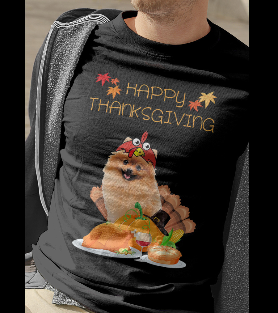 Happy Thanksgiving Day Pomeranian Turkey Pumpkin Pie T-Shirt