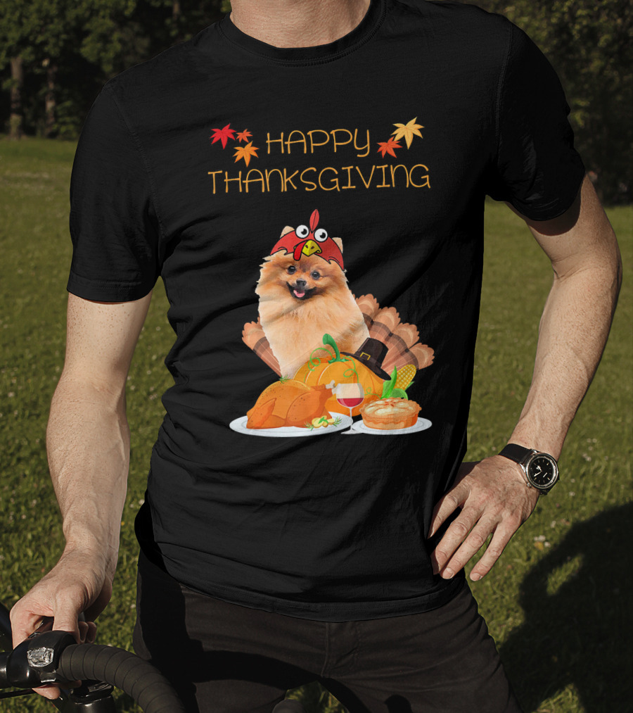 Happy Thanksgiving Day Pomeranian Turkey Pumpkin Pie T-Shirt