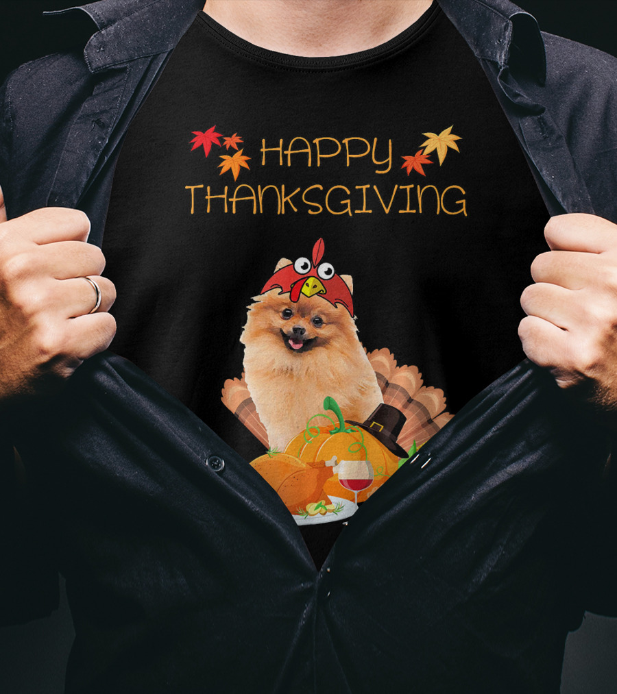 Happy Thanksgiving Day Pomeranian Turkey Pumpkin Pie T-Shirt