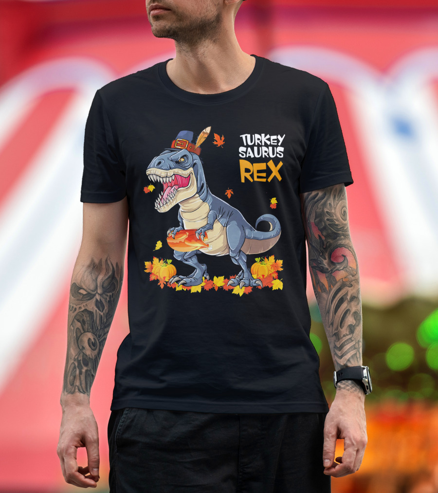 Turkey Saurus Rex Pilgrim Dinosaur Fall Leaves Pumpkins T-Shirt