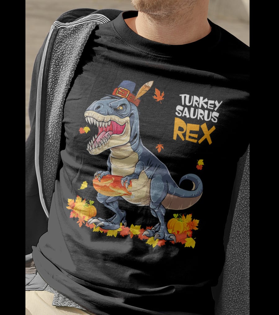 Turkey Saurus Rex Pilgrim Dinosaur Fall Leaves Pumpkins T-Shirt