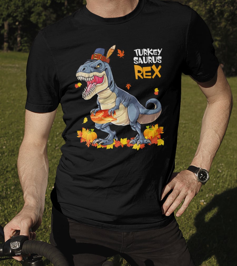 Turkey Saurus Rex Pilgrim Dinosaur Fall Leaves Pumpkins T-Shirt