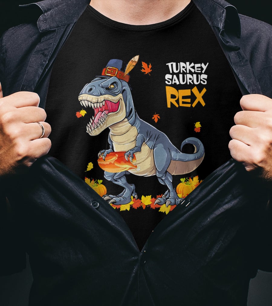 Turkey Saurus Rex Pilgrim Dinosaur Fall Leaves Pumpkins T-Shirt