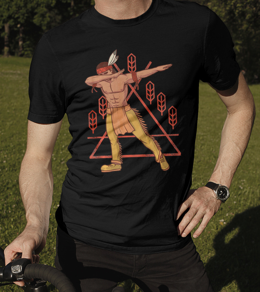 Thanksgiving Dabbing Native American Geometric Feather Motif T-Shirt