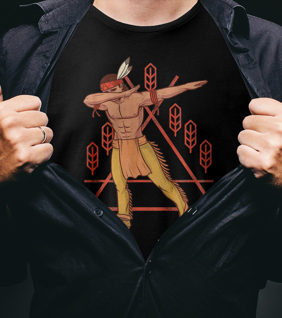 Thanksgiving Dabbing Native American Geometric Feather Motif T-Shirt
