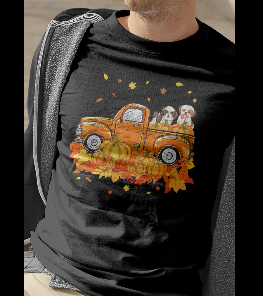 Shih Tzu Puppies In Pumpkin Truck With Autumn Leaves For Halloween T-Shirt