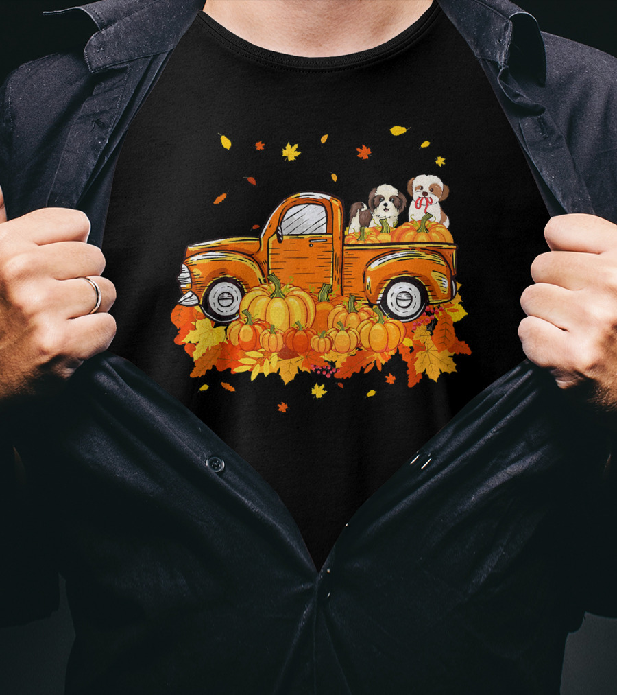 Shih Tzu Puppies In Pumpkin Truck With Autumn Leaves For Halloween T-Shirt