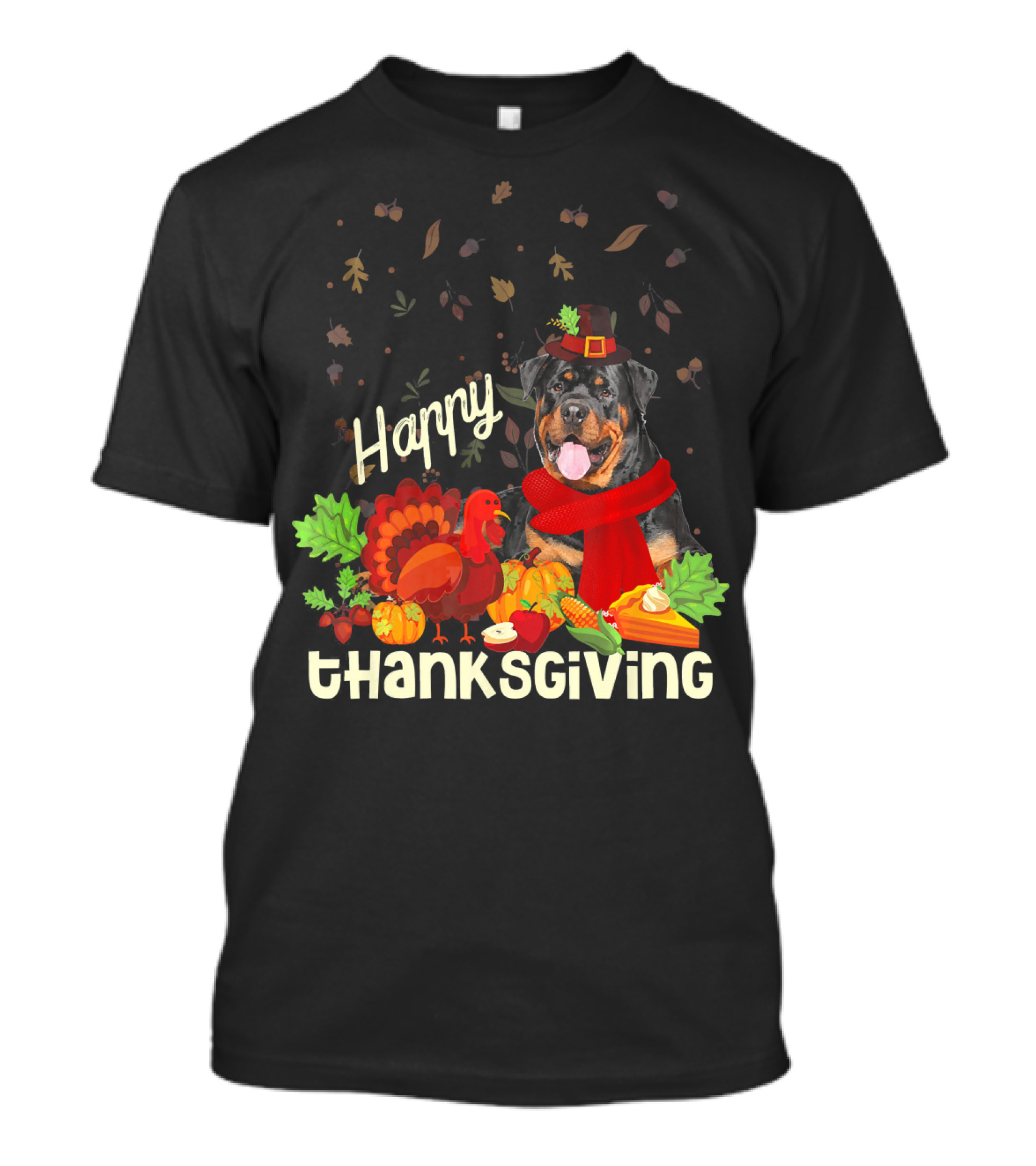 Happy Thanksgiving Pilgrim Rottweiler Turkey Feast With Autumn Leaves And Fruit T-Shirt