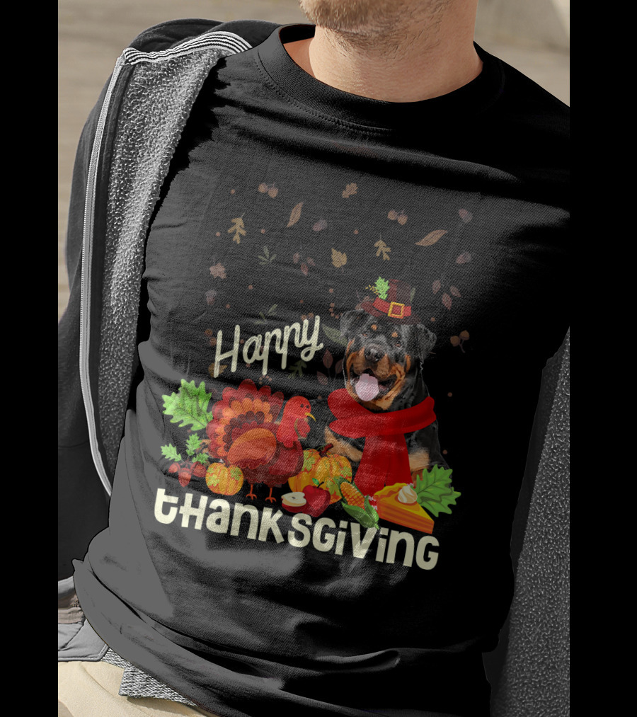 Happy Thanksgiving Pilgrim Rottweiler Turkey Feast With Autumn Leaves And Fruit T-Shirt