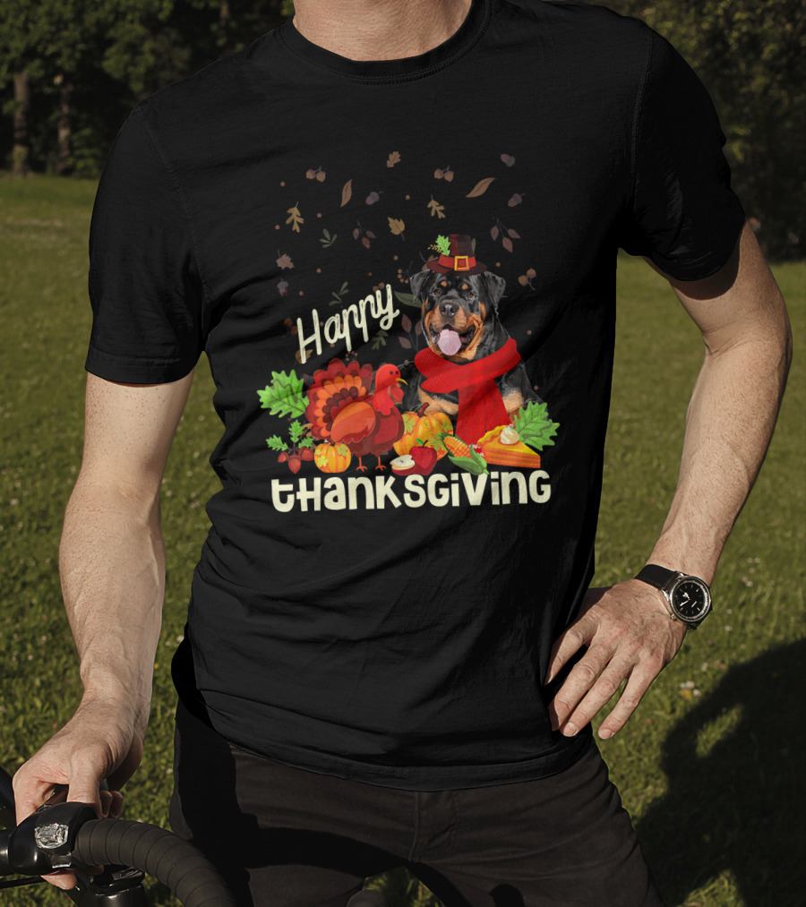 Happy Thanksgiving Pilgrim Rottweiler Turkey Feast With Autumn Leaves And Fruit T-Shirt