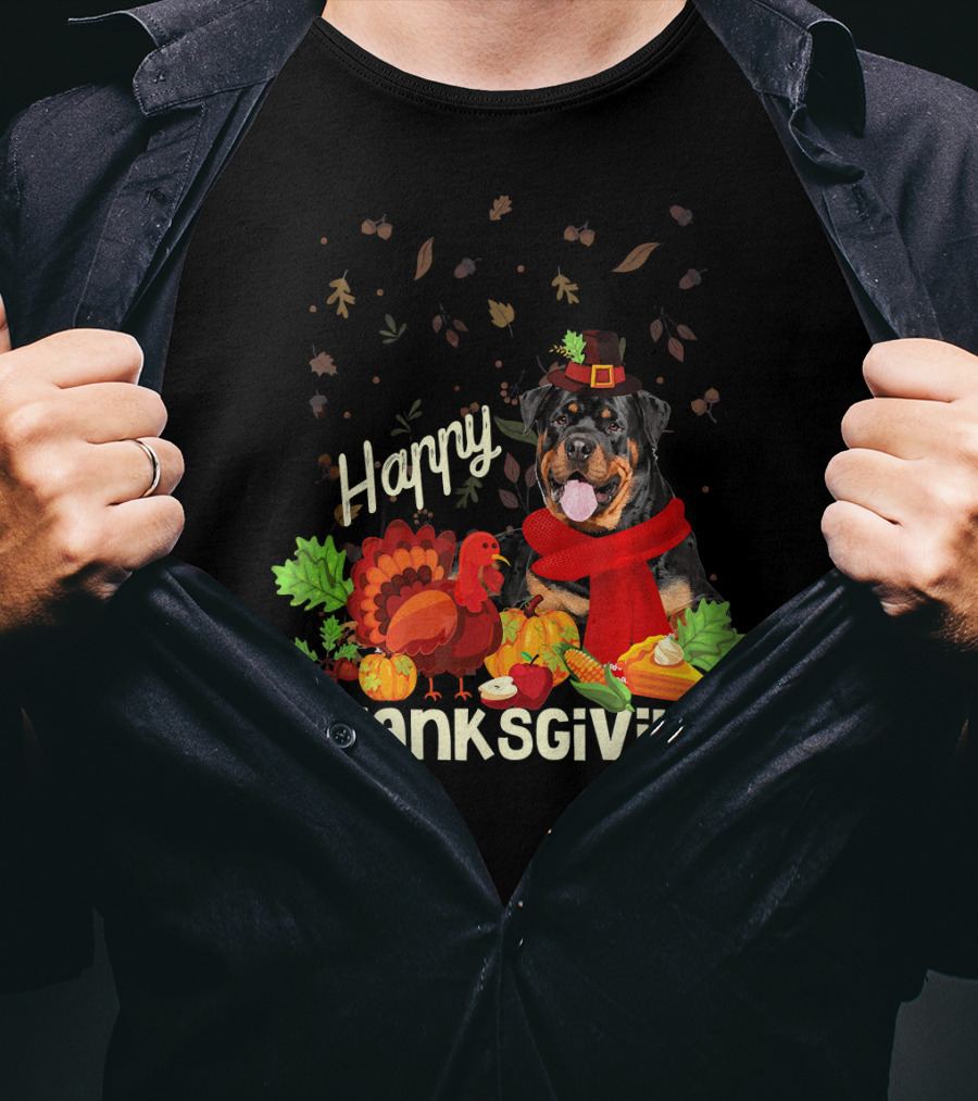 Happy Thanksgiving Pilgrim Rottweiler Turkey Feast With Autumn Leaves And Fruit T-Shirt