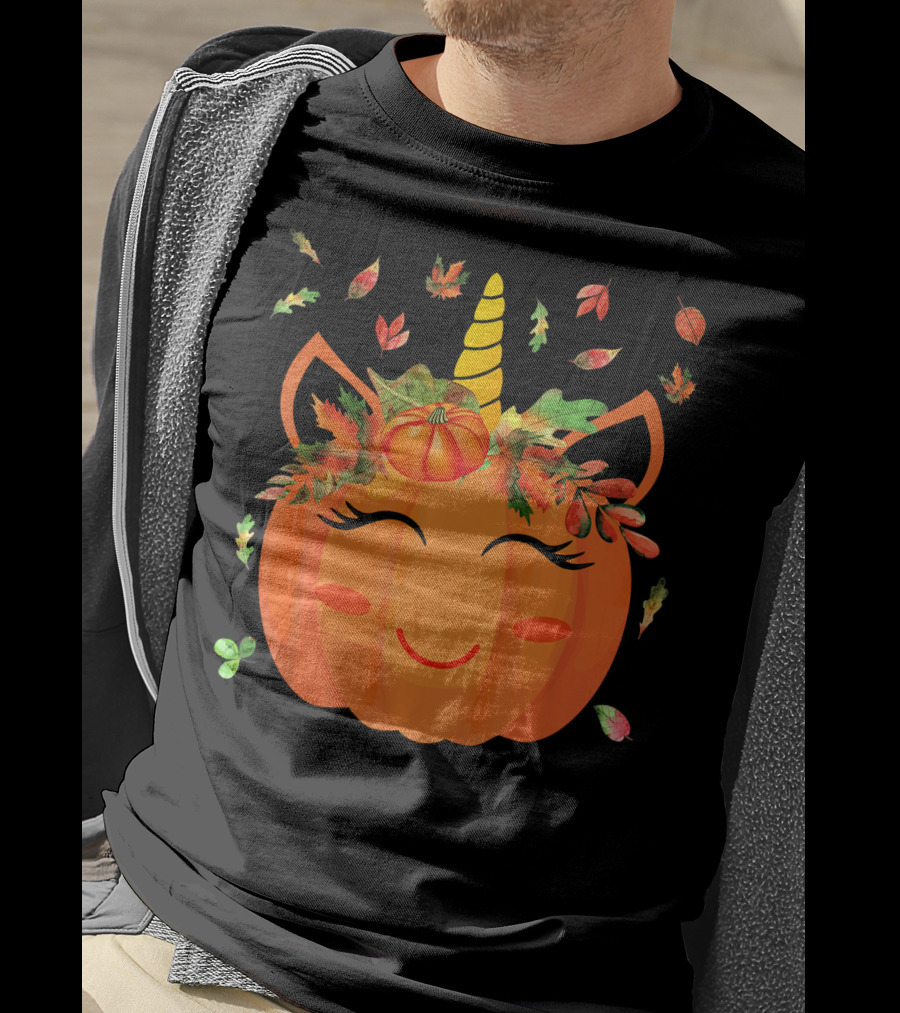 Cute Unicorn Pumpkin With Autumn Leaves And Horn T-Shirt