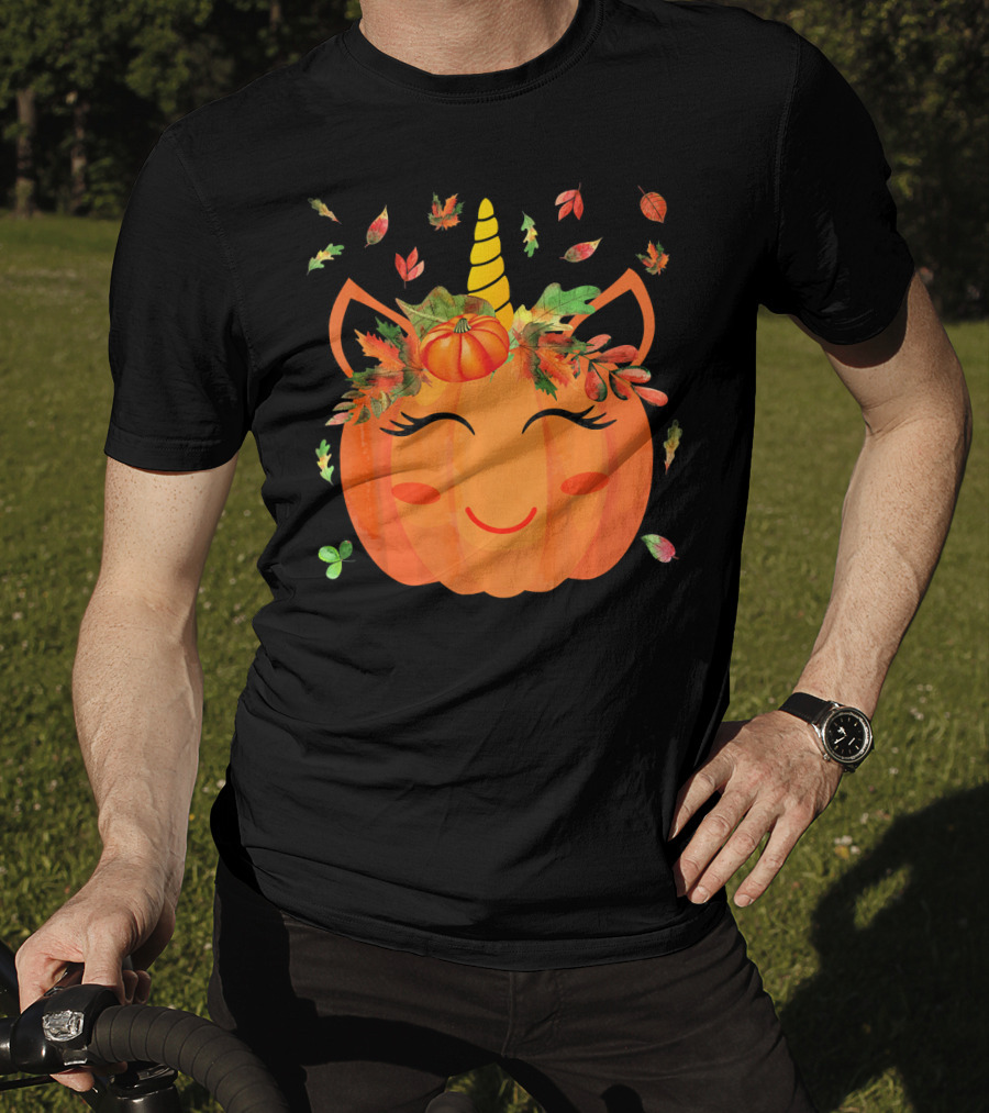 Cute Unicorn Pumpkin With Autumn Leaves And Horn T-Shirt