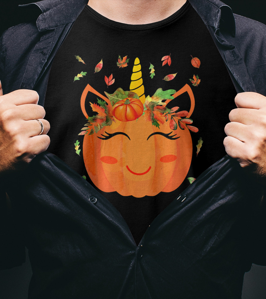 Cute Unicorn Pumpkin With Autumn Leaves And Horn T-Shirt