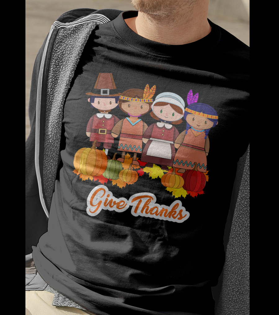 Give Thanks Thanksgiving Pilgrim And Native American With Pumpkins T-Shirt
