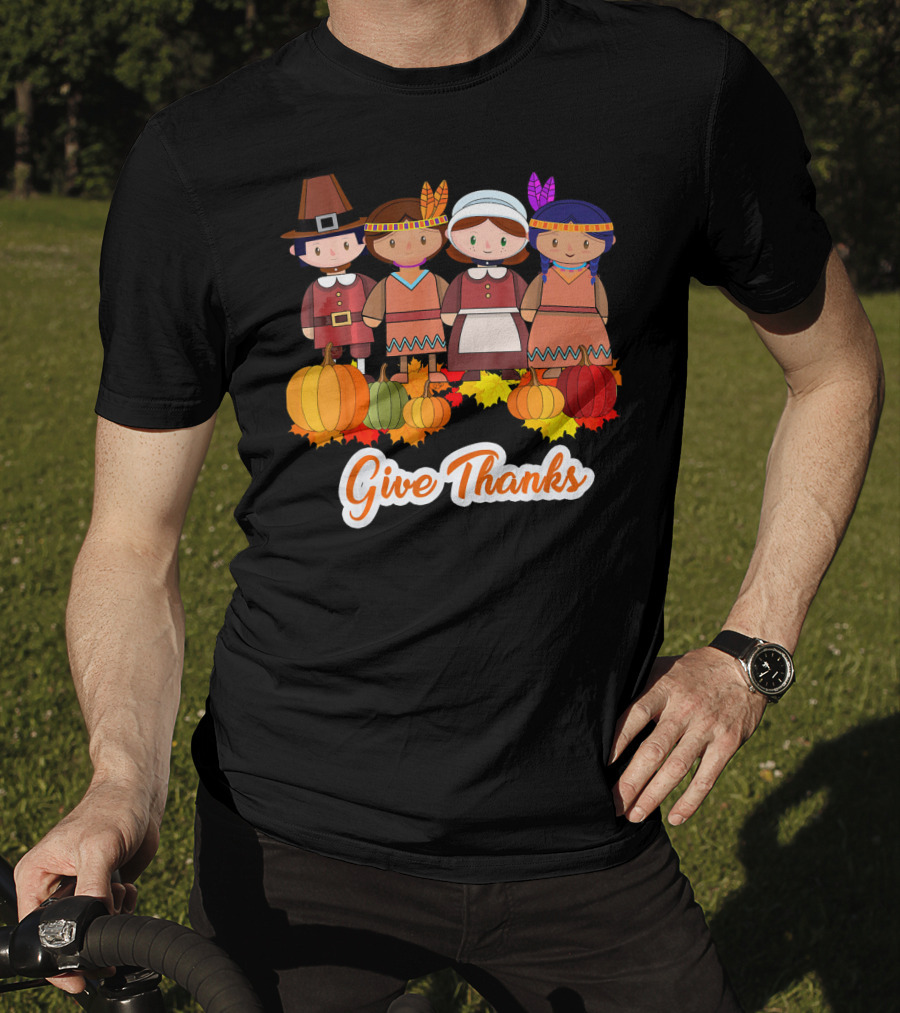 Give Thanks Thanksgiving Pilgrim And Native American With Pumpkins T-Shirt
