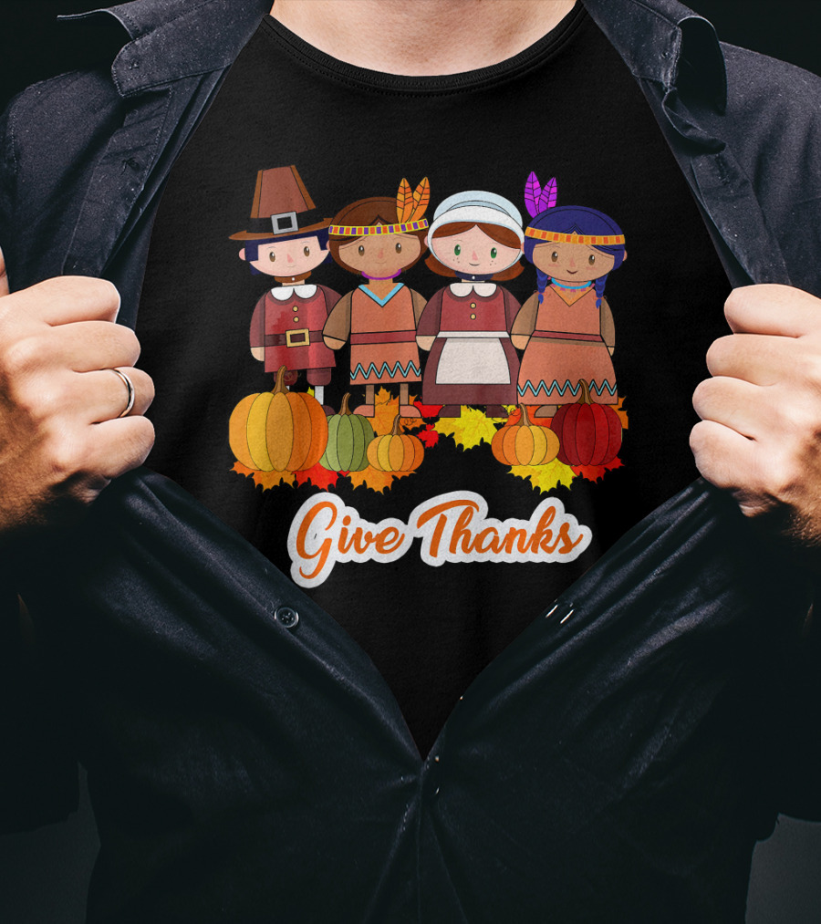 Give Thanks Thanksgiving Pilgrim And Native American With Pumpkins T-Shirt
