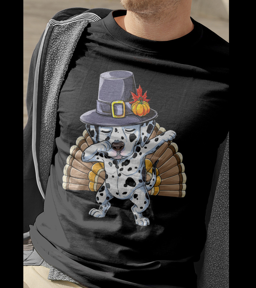 Thanksgiving Dabbing Dalmatian Pilgrim Hat Turkey Tail T-Shirt