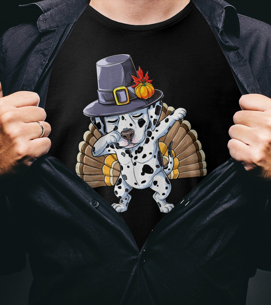 Thanksgiving Dabbing Dalmatian Pilgrim Hat Turkey Tail T-Shirt