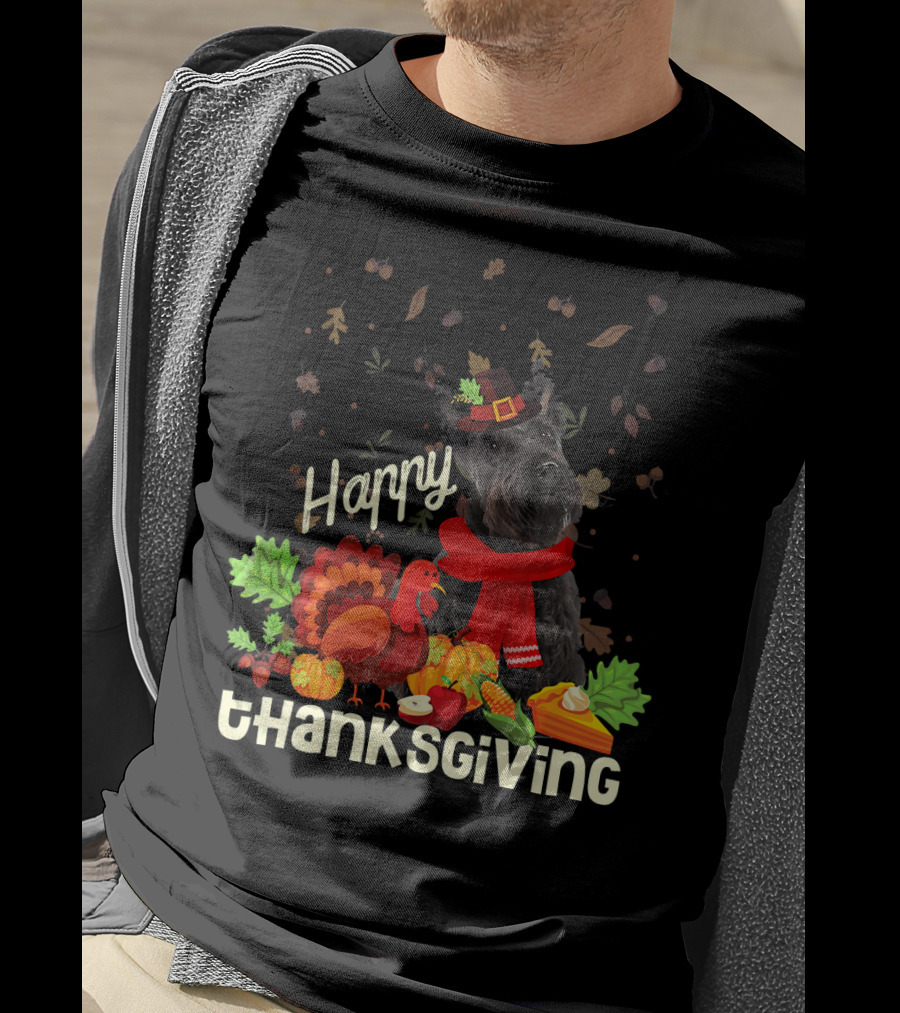 Happy Thanksgiving Pilgrim Scottish Terrier With Turkey And Fall Leaves T-Shirt