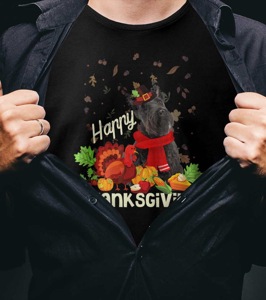 Happy Thanksgiving Pilgrim Scottish Terrier With Turkey And Fall Leaves T-Shirt