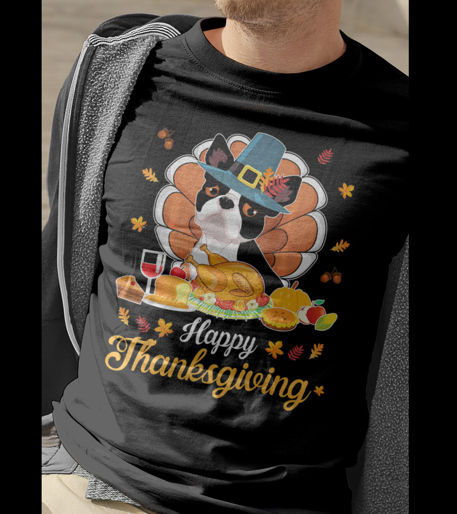 Happy Thanksgiving Boston Terrier Pilgrim With Turkey Feast T-Shirt