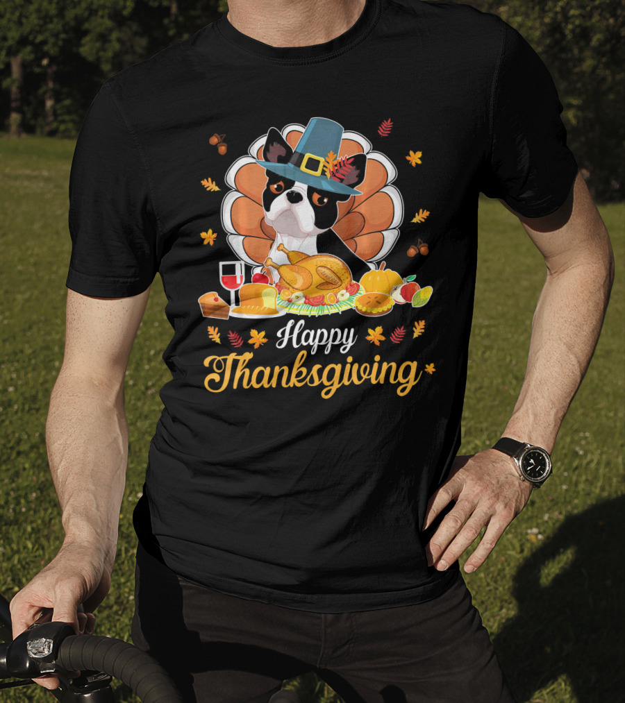 Happy Thanksgiving Boston Terrier Pilgrim With Turkey Feast T-Shirt