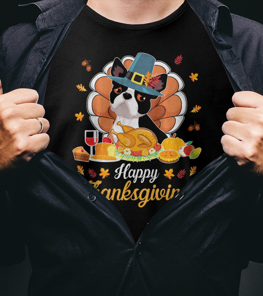 Happy Thanksgiving Boston Terrier Pilgrim With Turkey Feast T-Shirt