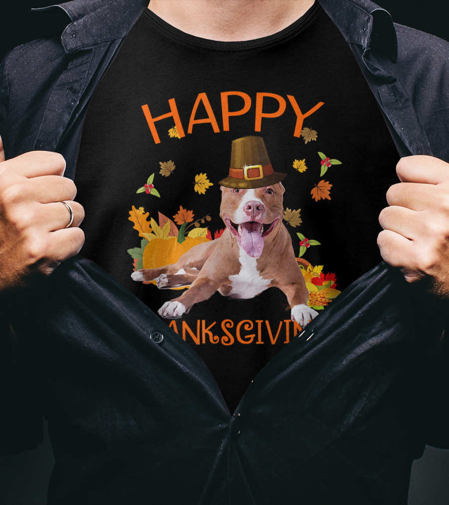 Happy Thanksgiving Pit Bull Turkey Funny Dogs T-Shirt