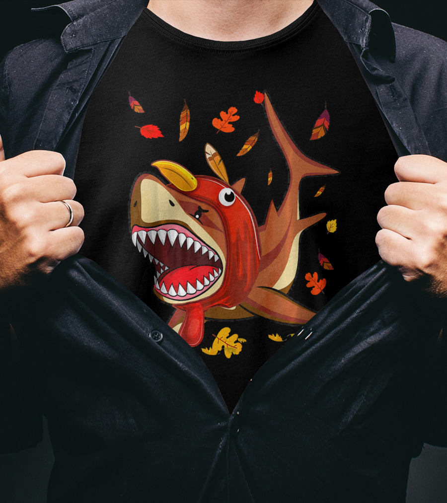 Thanksgiving Shark Doo Doo Doo Turkey Costume With Fall Leaves T-Shirt
