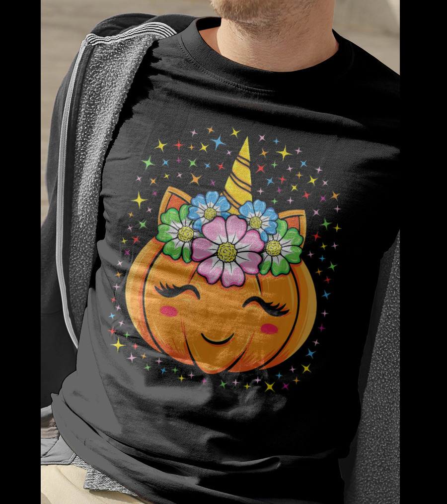 Unicorn Pumpkin Halloween Cute Floral Stars T-Shirt