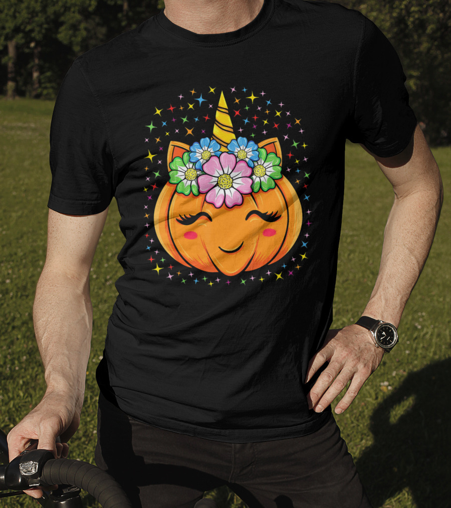 Unicorn Pumpkin Halloween Cute Floral Stars T-Shirt