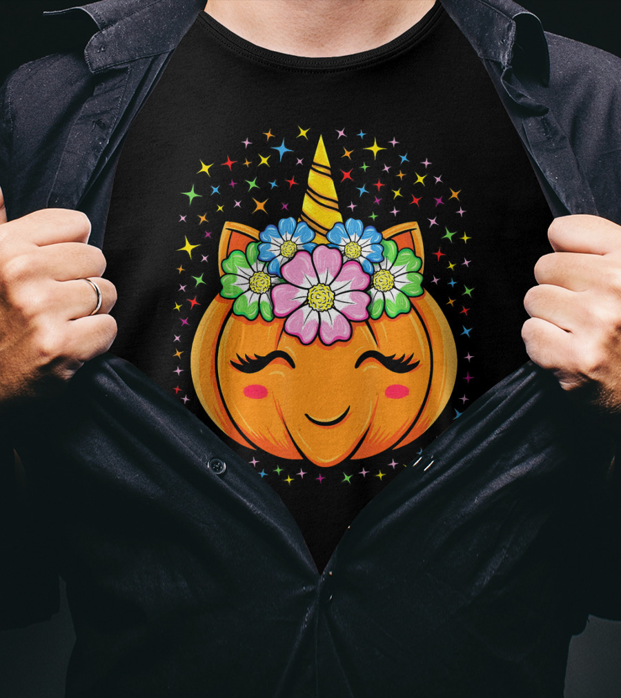 Unicorn Pumpkin Halloween Cute Floral Stars T-Shirt