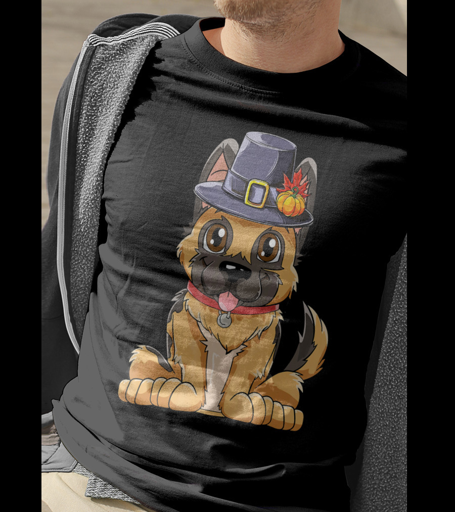 Thanksgiving Kids German Shepherd Cartoon Dog With Pilgrim Hat And Pumpkin T-Shirt