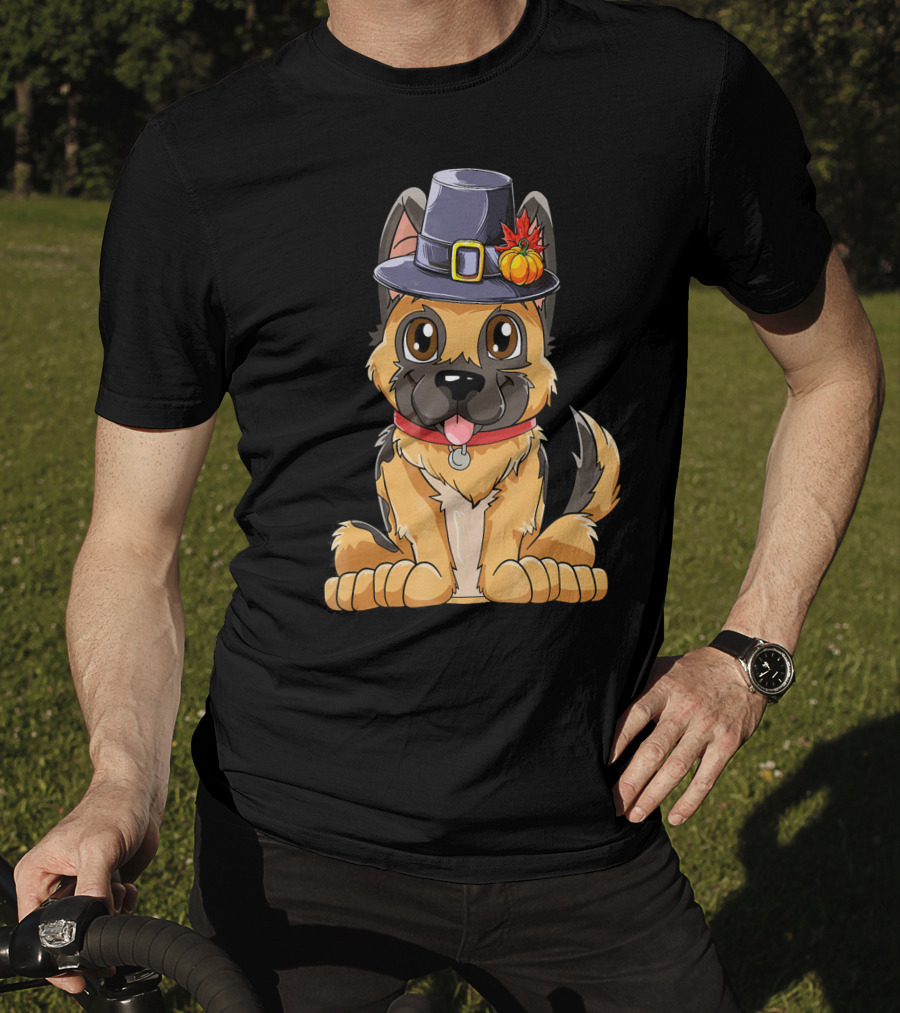 Thanksgiving Kids German Shepherd Cartoon Dog With Pilgrim Hat And Pumpkin T-Shirt