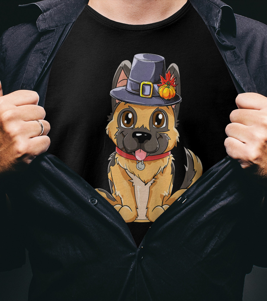 Thanksgiving Kids German Shepherd Cartoon Dog With Pilgrim Hat And Pumpkin T-Shirt