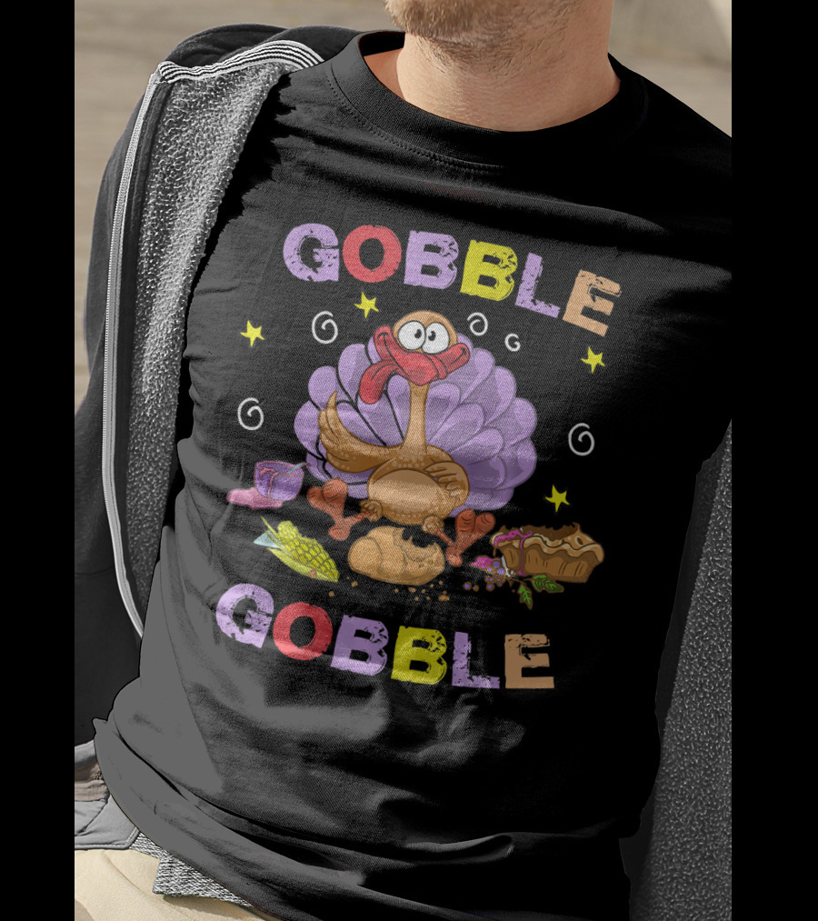 Gobble Gobble Funny Turkey Cartoon Corn Bread Pie Stars Thanksgiving T-Shirt