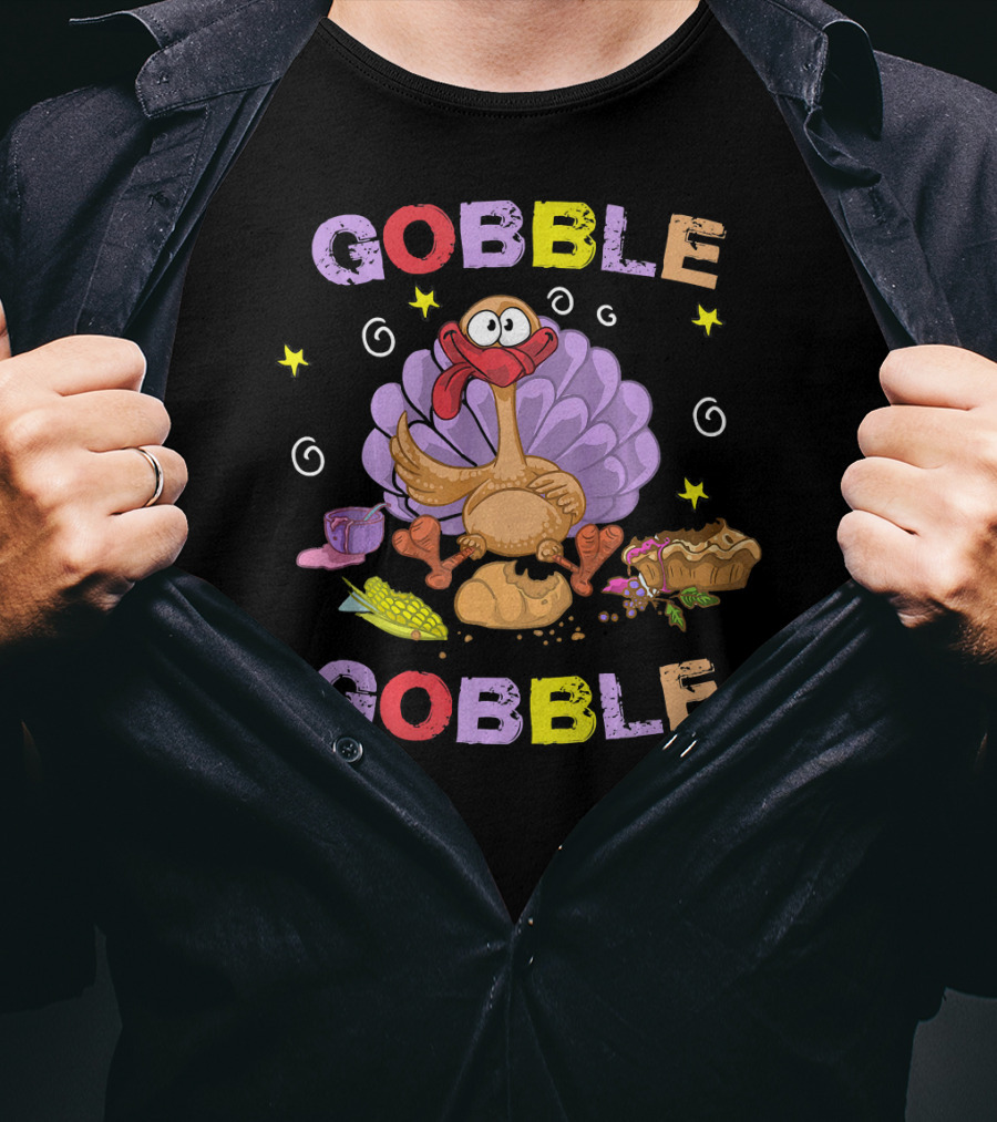 Gobble Gobble Funny Turkey Cartoon Corn Bread Pie Stars Thanksgiving T-Shirt