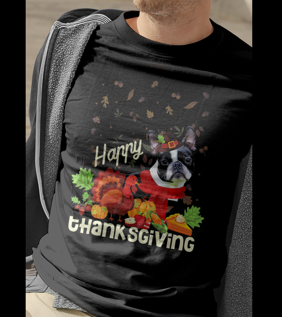Happy Thanksgiving Boston Terrier Pilgrim With Turkey And Autumn Leaves T-Shirt
