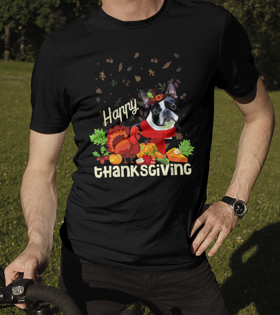 Happy Thanksgiving Boston Terrier Pilgrim With Turkey And Autumn Leaves T-Shirt