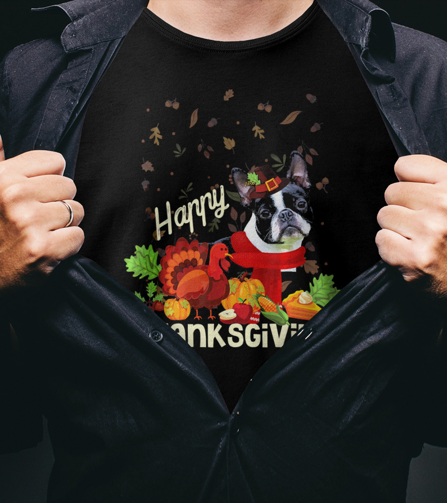 Happy Thanksgiving Boston Terrier Pilgrim With Turkey And Autumn Leaves T-Shirt